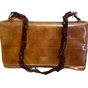 Prada Cognac Leather Messenger Bag with Tortoiseshell Chain